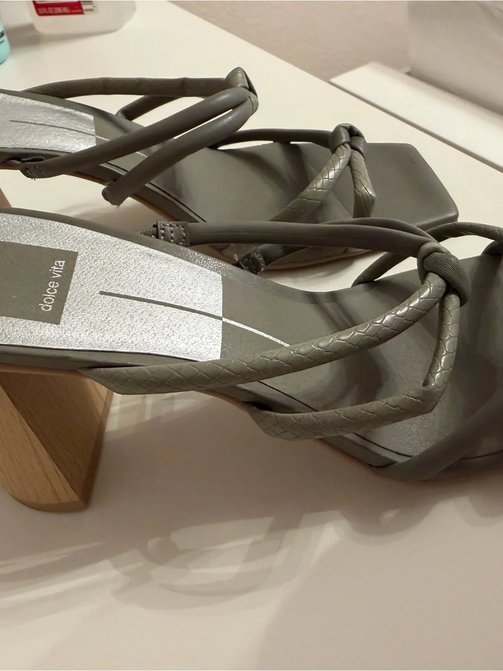 Dolce Vita Olive Gray Knotted Strap Block Heels